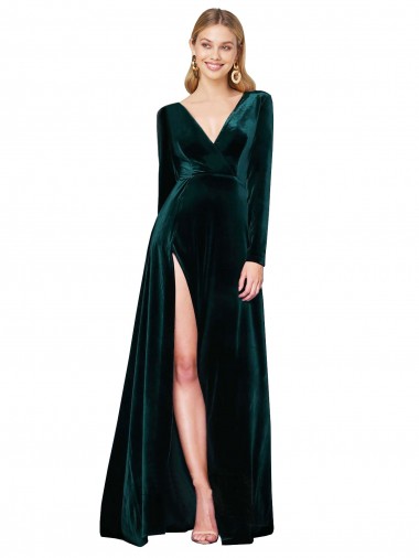 Deep V-Neck Long Sleeves Velvet Formal Dress with High Side Split