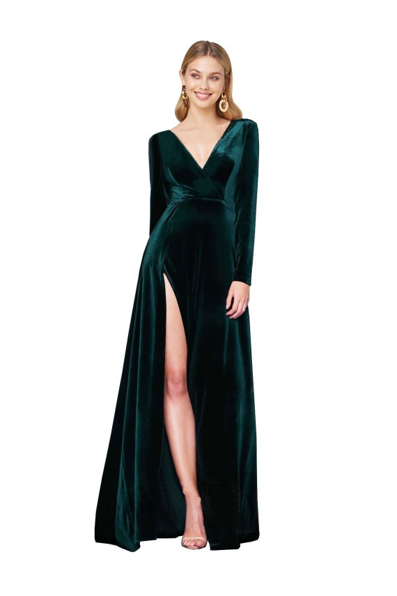 Deep V-Neck Long Sleeves Velvet Formal Dress with High Side Split