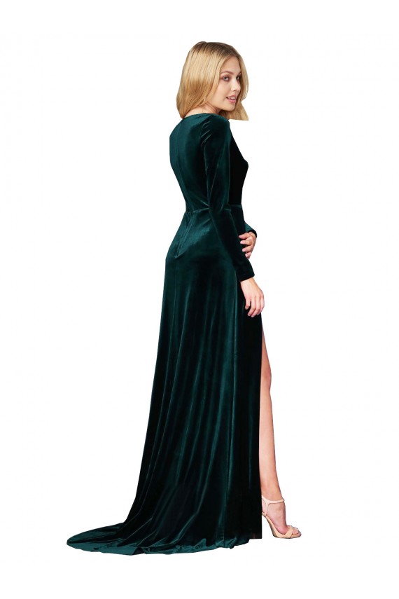 Deep V-Neck Long Sleeves Velvet Formal Dress with High Side Split