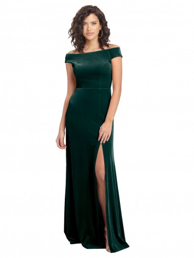 Floor Length Cap Sleeves Long Velvet Formal Dress with High Side Slit