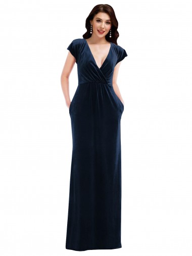 Flutter Sleeve Wrap Bodice Velvet Maxi Formal Dress with Pockets