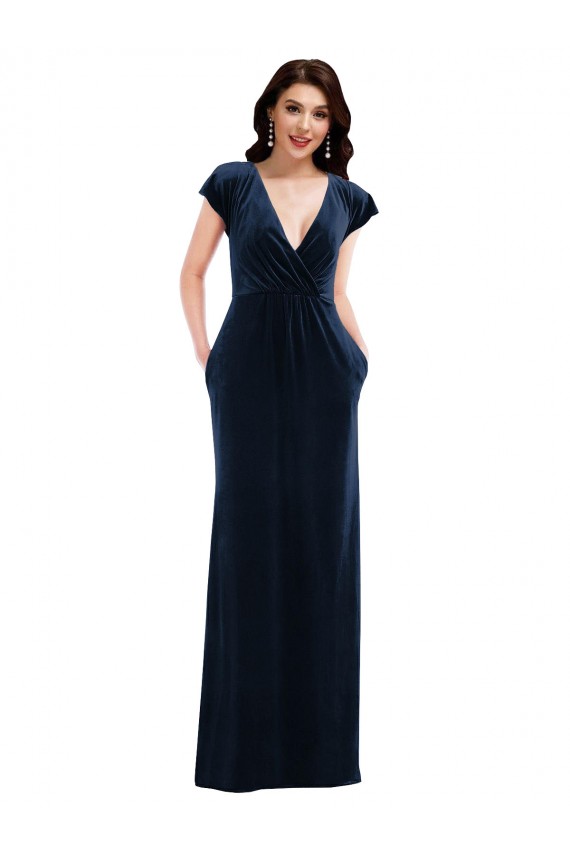Flutter Sleeve Wrap Bodice Velvet Maxi Formal Dress with Pockets