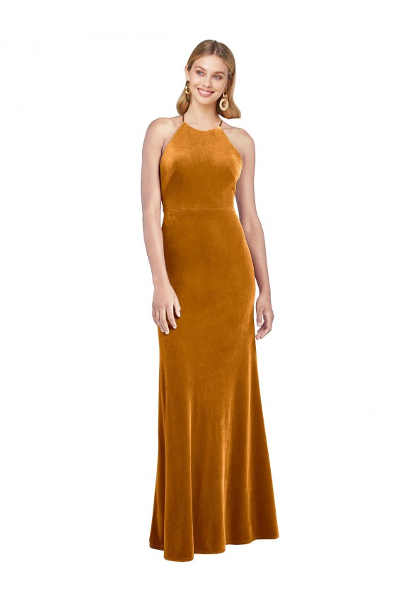 Halter Neckline Long Full Length Velvet Formal Dress with Strappy Back