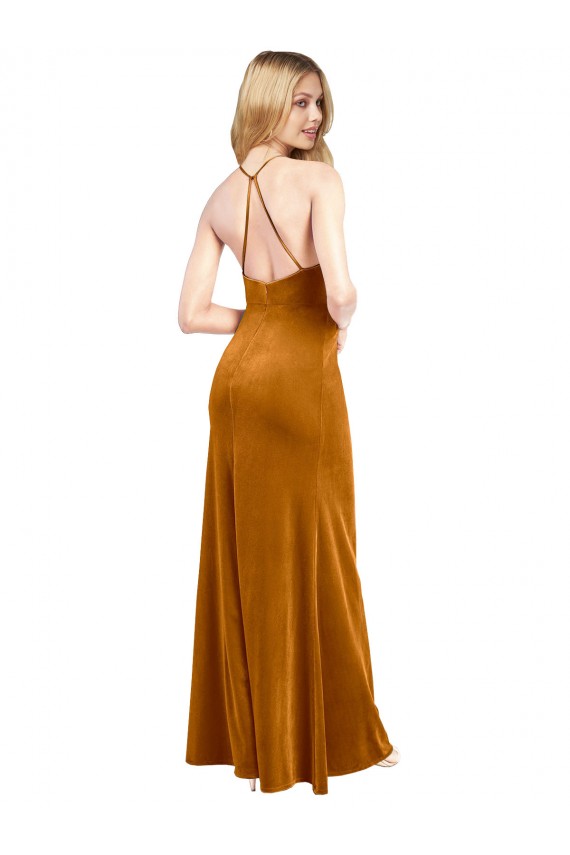 Halter Neckline Long Full Length Velvet Formal Dress with Strappy Back