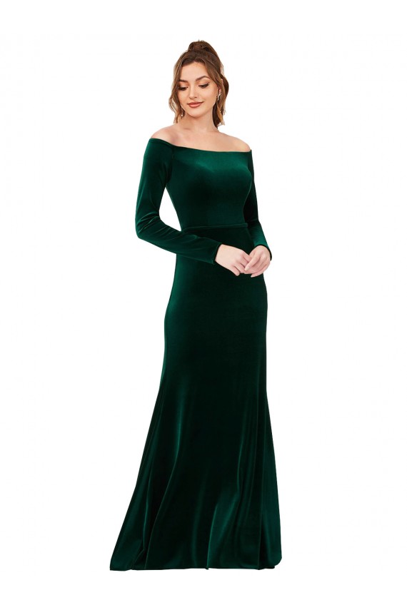 Off the Shoulder Long Sleeves Stretch Velvet Formal Dress