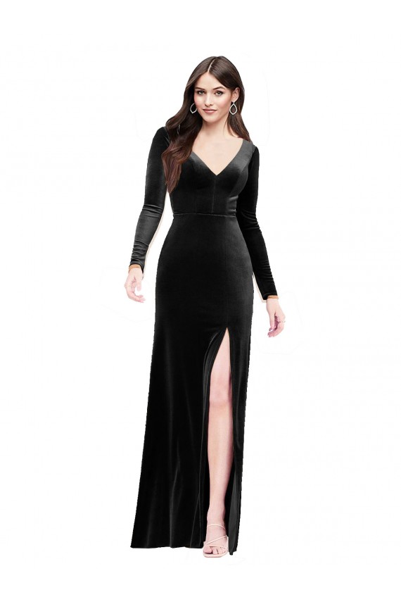 Long Sleeves Velvet Formal Dress with V-Neckline and Thigh Slit