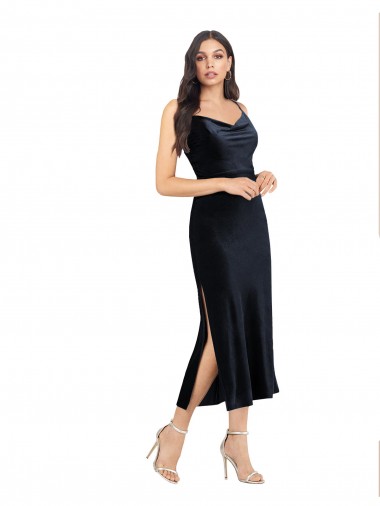 Midi Length Velvet Cocktail Formal Dress with Cowl Neck and Spaghetti Straps