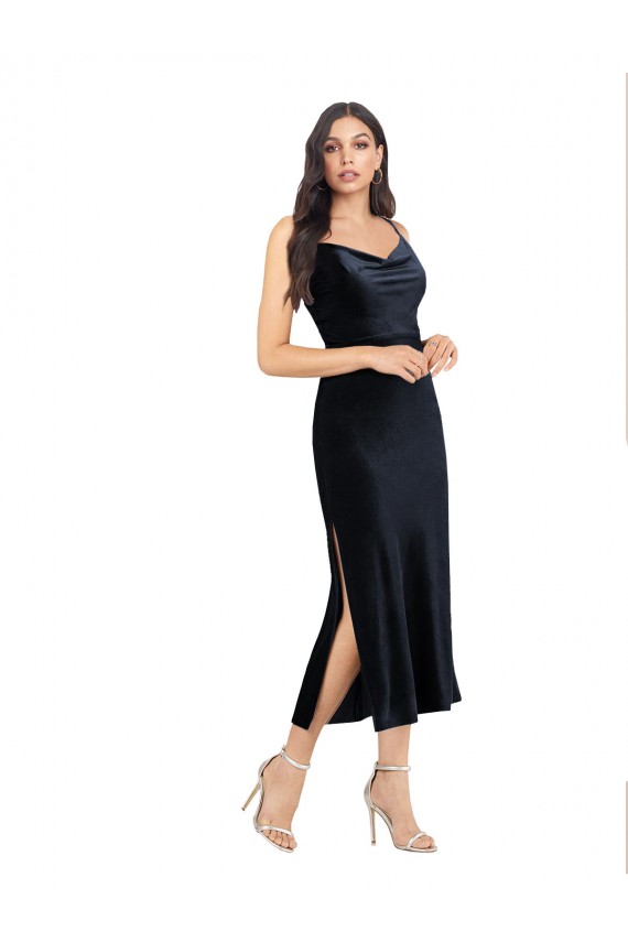 Midi Length Velvet Cocktail Formal Dress with Cowl Neck and Spaghetti Straps