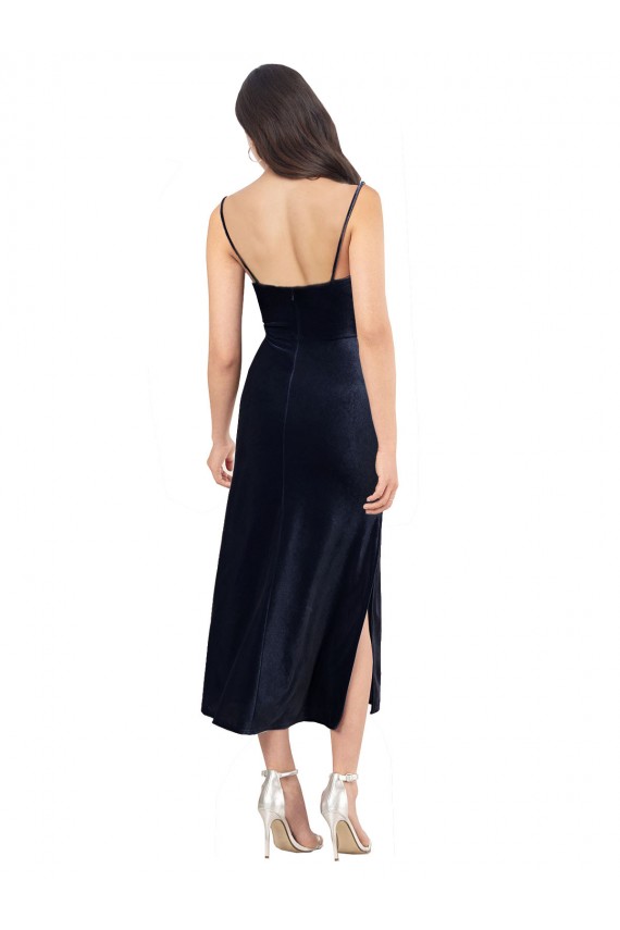 Midi Length Velvet Cocktail Formal Dress with Cowl Neck and Spaghetti Straps