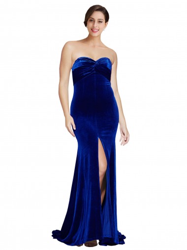 Strapless Ruched Velvet Formal Dress with Sweep Train and Front Slit
