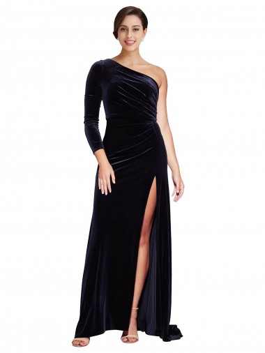 One Sleeve Long Velvet Formal Dress with Thigh High Split