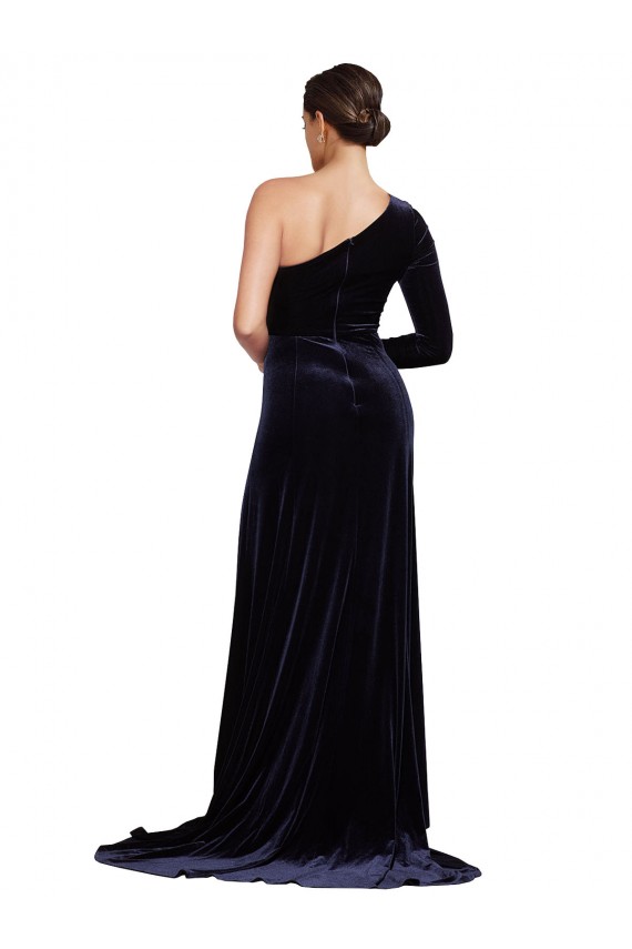 One Sleeve Long Velvet Formal Dress with Thigh High Split