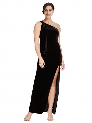 One Shoulder Long Velvet Formal Dress with Side Split and Shoulder Tie