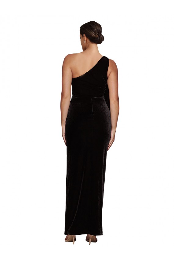 One Shoulder Long Velvet Formal Dress with Side Split and Shoulder Tie