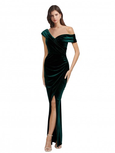 Long Asymmetric Neckline Ruched Velvet Formal Dress