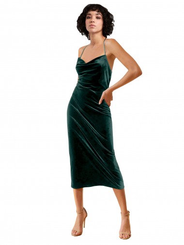 Midi Length Sleek Cowl Neckline Short Velvet Cocktail Formal Dress